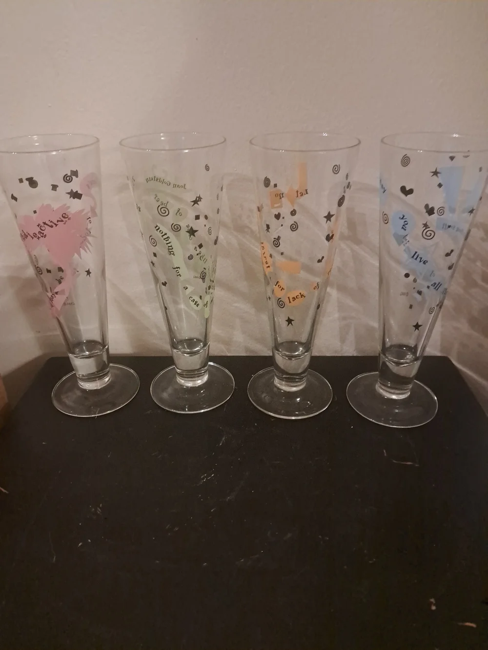 Vtg Decorative Glassware Set - Orange, Green,Blue, Pink Accent Pilsner Flutes 9